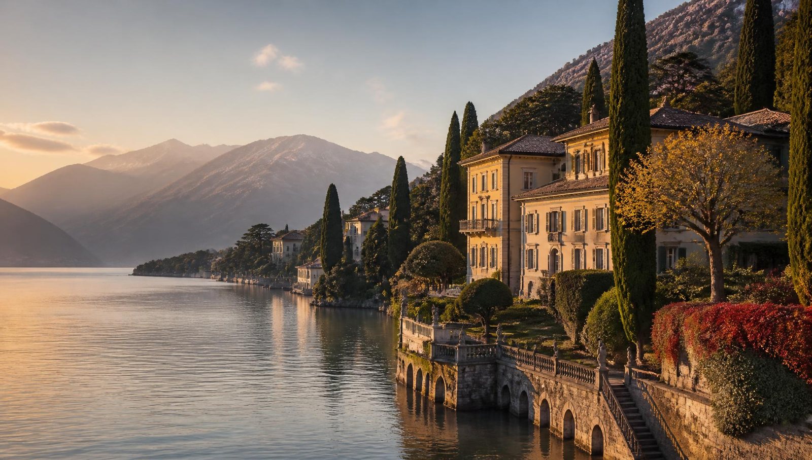 Ville storiche sulle rive del Lago di Como al tramonto — International Desk di Ferrara, Zappoli & Partners.